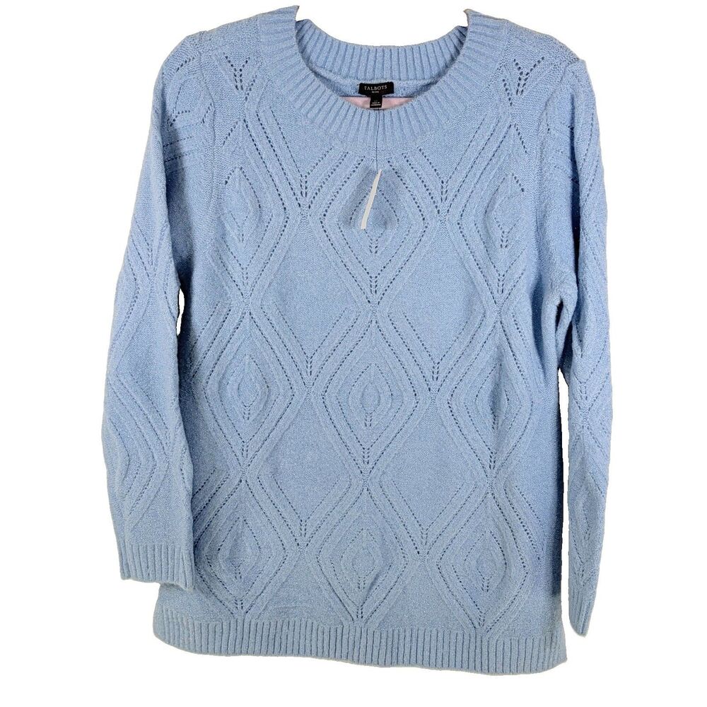 Talbots Womens Open Cable Knit Bateau-Neck Pullover Sweater Large Petite Blue